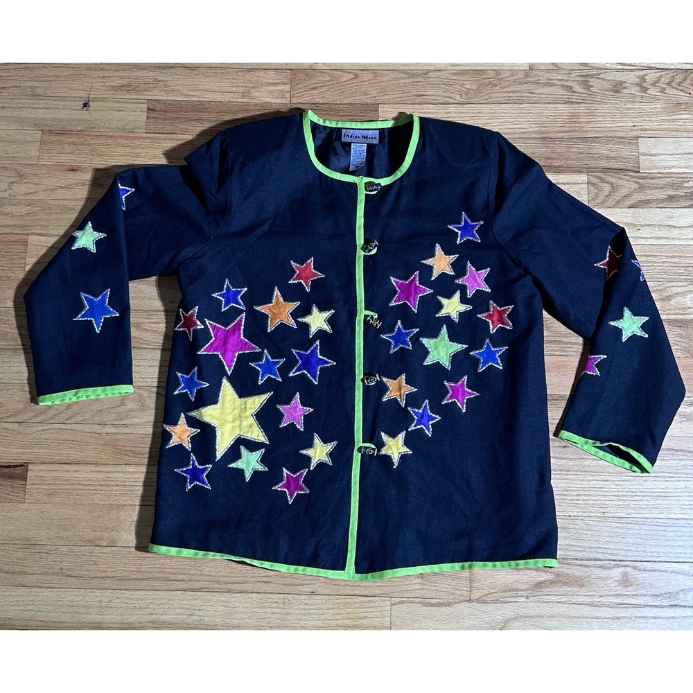 Vintage Jacket Indigo Blue Black Appliqué Stars Whimsigoth Magic Colorful Large
